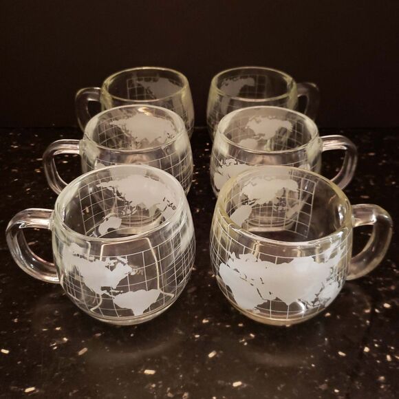 Nestle Nescafe Coffee Cup Mugs World Map Globe Clear Etched Glass Vintage set 6 - Picture 1 of 15